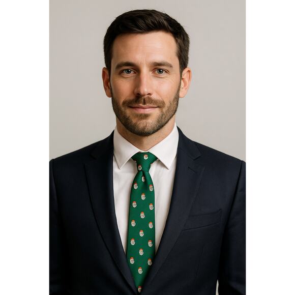 Vintage Holiday Christmas Necktie Green Santa Print Handmade HISDERN Men’s Tie - Picture 1 of 6